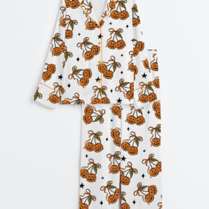 Womenâ€™s Halloween Pumpkin Cheeries Coquette Long Sleeve Satin Pajama Set