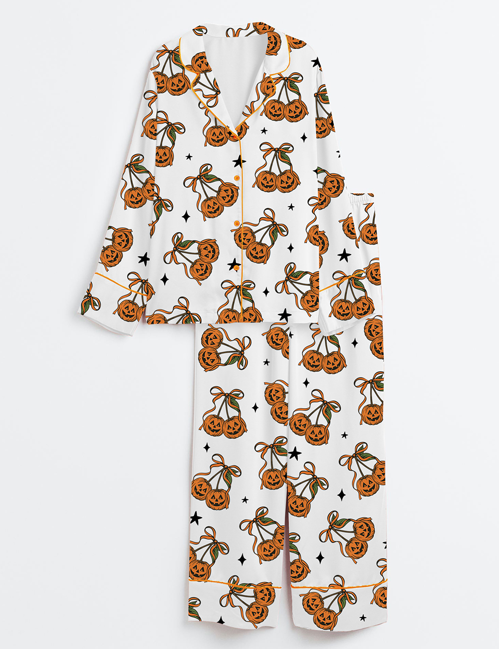 Womenâ€™s Halloween Pumpkin Cheeries Coquette Long Sleeve Satin Pajama Set