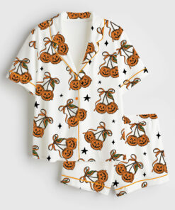 Women's Halloween Pumpkin Cheeries Coquette Short Sleeve Satin Pajama Set