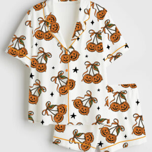Womenâ€™s Halloween Pumpkin Cheeries Coquette Short Sleeve Satin Pajama Set