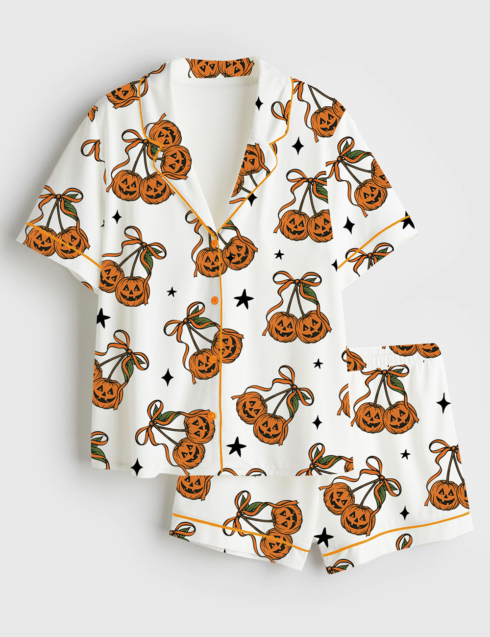 Womenâ€™s Halloween Pumpkin Cheeries Coquette Short Sleeve Satin Pajama Set