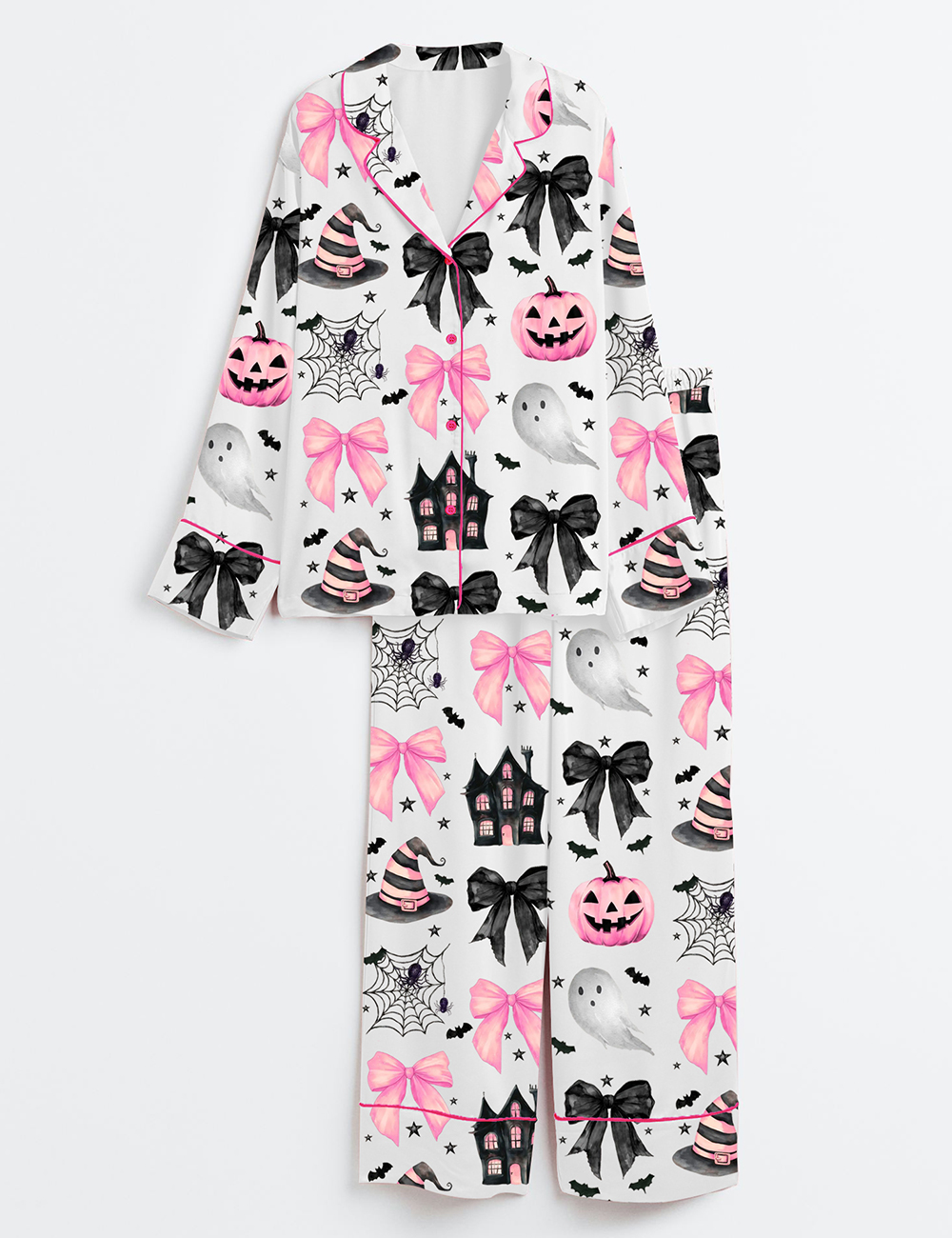 Womenâ€™s Halloween Pumpkin Pink Bows Spooky Spiders Ghost Haunted House Long Sleeve Satin Pajama Set