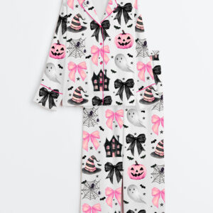 Women's Halloween Pumpkin Pink Bows Spooky Spiders Ghost Haunted House Long Sleeve Satin Pajamas Set