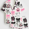Womenâ€™s Halloween Pumpkin Pink Bows Spooky Spiders Ghost Haunted House Short Sleeve Satin Pajama Set