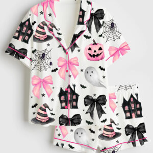 Womenâ€™s Halloween Pumpkin Pink Bows Spooky Spiders Ghost Haunted House Short Sleeve Satin Pajama Set