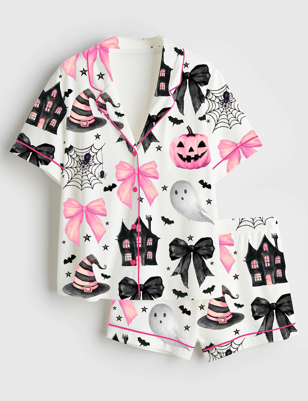 Womenâ€™s Halloween Pumpkin Pink Bows Spooky Spiders Ghost Haunted House Short Sleeve Satin Pajama Set