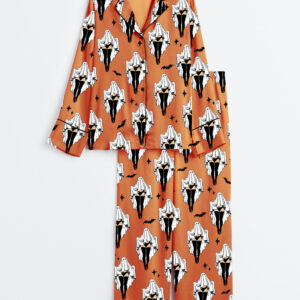 Womenâ€™s Halloween Sheet Ghost Retro Halloween Girl Long Sleeve Satin Pajama Set