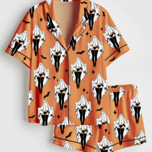 Womenâ€™s Halloween Sheet Ghost Retro Halloween Girl Short Sleeve Satin Pajama Set