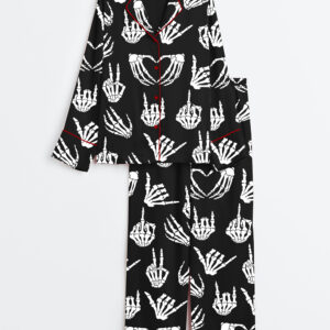 Women's Halloween Skeleton Hand Long Sleeve Satin Pajamas Set
