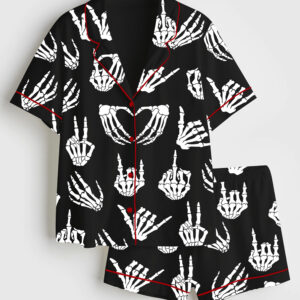 Womenâ€™s Halloween Skeleton Hand Short Sleeve Satin Pajama Set