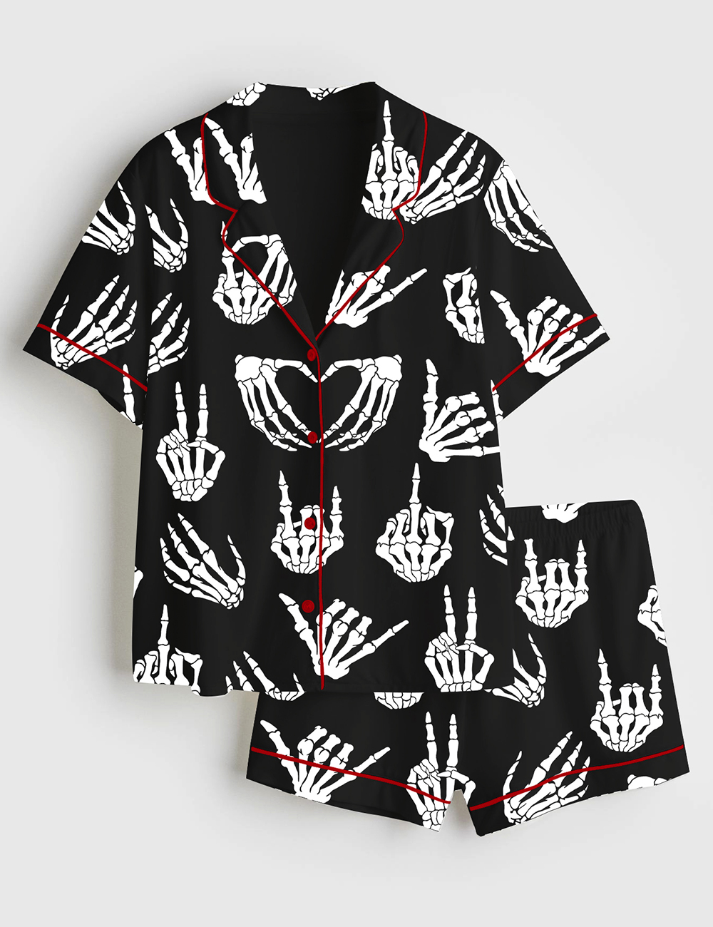 Womenâ€™s Halloween Skeleton Hand Short Sleeve Satin Pajama Set