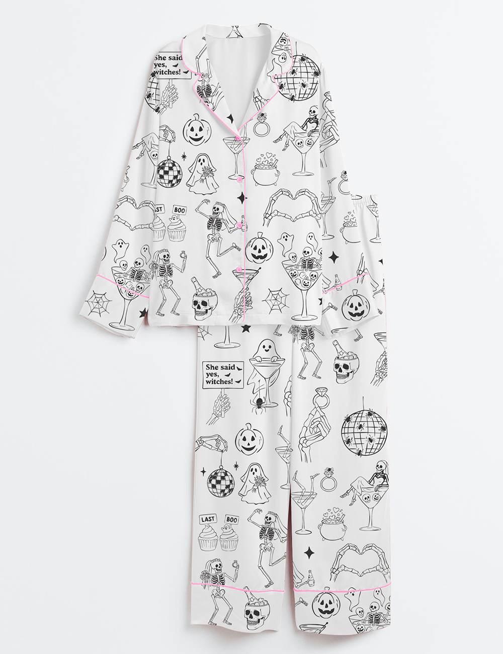 Womenâ€™s Halloween Spooky Bachelorette Til Death Do Us Whimsical Wedding Party Print Long Sleeve Satin Pajama Set