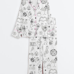 Women's Halloween Spooky Bachelorette Til Death Do Us Whimsical Wedding Party Print Long Sleeve Satin Pajamas Set