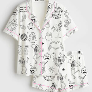 Womenâ€™s Halloween Spooky Bachelorette Til Death Do Us Whimsical Wedding Party Print Short Sleeve Satin Pajama Set