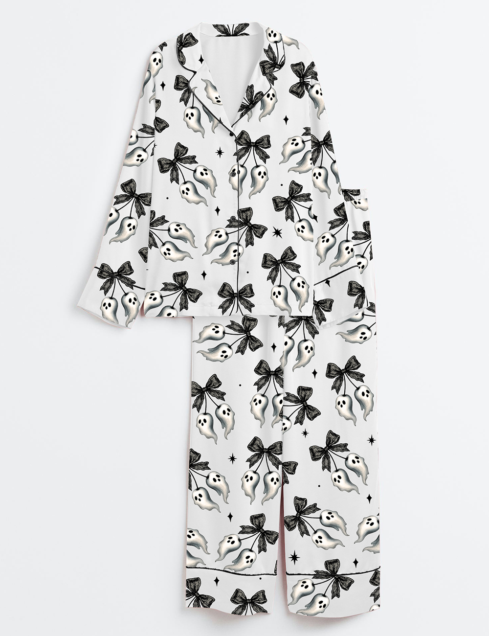 Women's Halloween Spooky Black Lace Bow With Floating Ghosts And Stars Long Sleeve Satin Pajamas Set