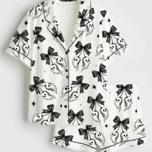 Womenâ€™s Halloween Spooky Black Lace Bow With Floating Ghosts And Stars Short Sleeve Satin Pajama Set