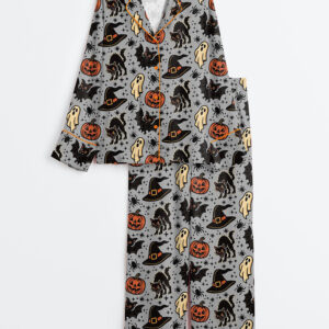 Womenâ€™s Halloween Spooky Ghosts Bats Cats Pumpkins Witch Long Sleeve Satin Pajama Set