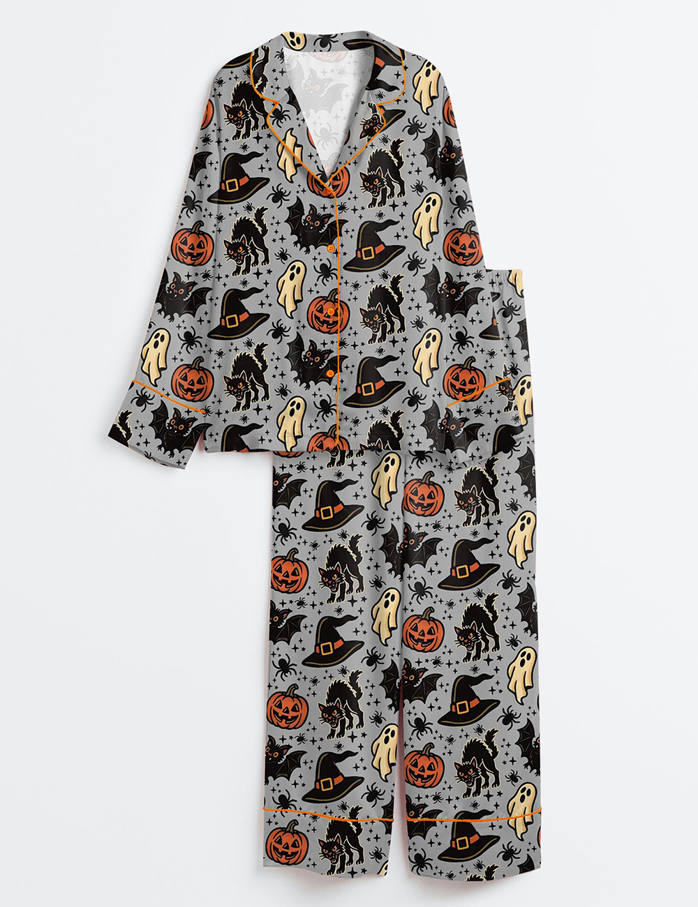 Women's Halloween Spooky Ghosts Bats Cats Pumpkins Witch Long Sleeve Satin Pajamas Set