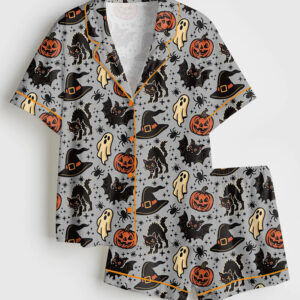 Womenâ€™s Halloween Spooky Ghosts Bats Cats Pumpkins Witch Short Sleeve Satin Pajama Set