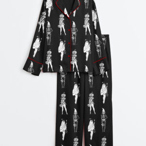 Womenâ€™s Halloween Spooky Girl Squad Skeleton Ghost Pumpkin Witchy Print Long Sleeve Satin Pajama Set
