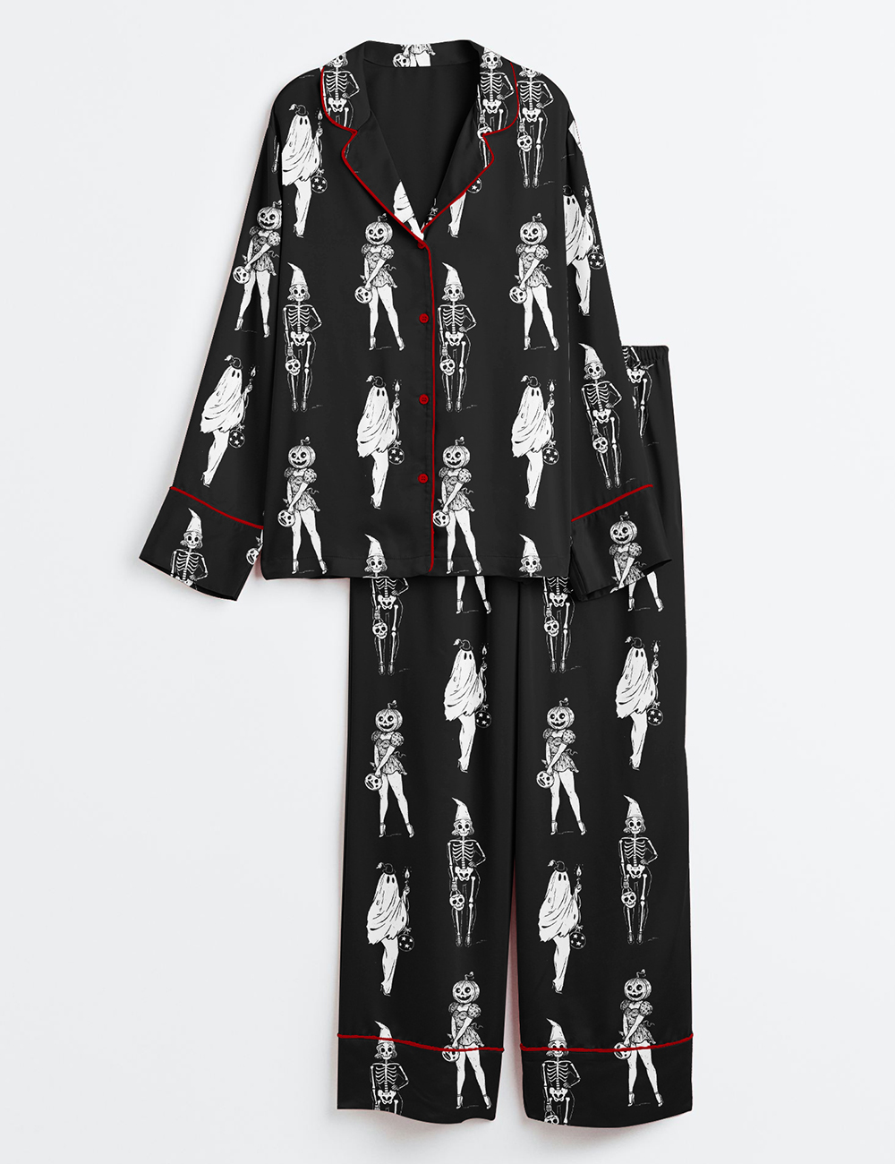 Womenâ€™s Halloween Spooky Girl Squad Skeleton Ghost Pumpkin Witchy Print Long Sleeve Satin Pajama Set