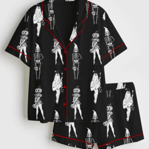 Womenâ€™s Halloween Spooky Girl Squad Skeleton Ghost Pumpkin Witchy Print Short Sleeve Satin Pajama Set