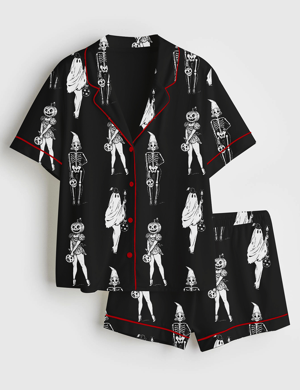 Womenâ€™s Halloween Spooky Girl Squad Skeleton Ghost Pumpkin Witchy Print Short Sleeve Satin Pajama Set