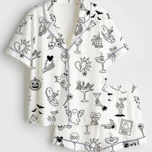 Womenâ€™s Halloween Spooky Witchy Bachelorette Short Sleeve Satin Pajama Set