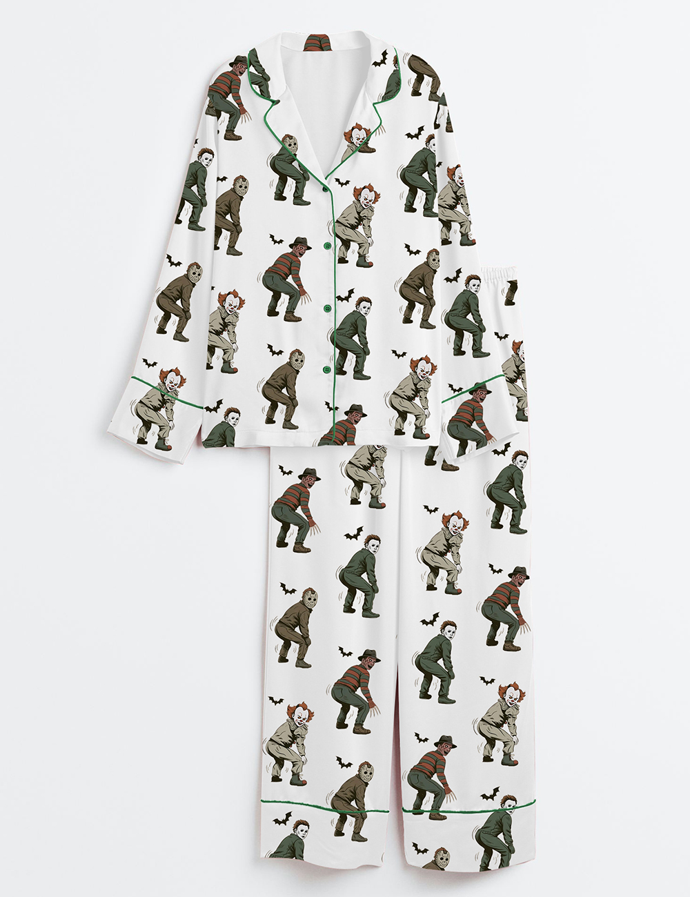 Womenâ€™s Halloween Twerk Or Treat Horror Characters Dancing Killer Long Sleeve Satin Pajama Set