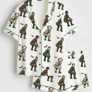 Womenâ€™s Halloween Twerk Or Treat Horror Characters Dancing Killer Short Sleeve Satin Pajama Set