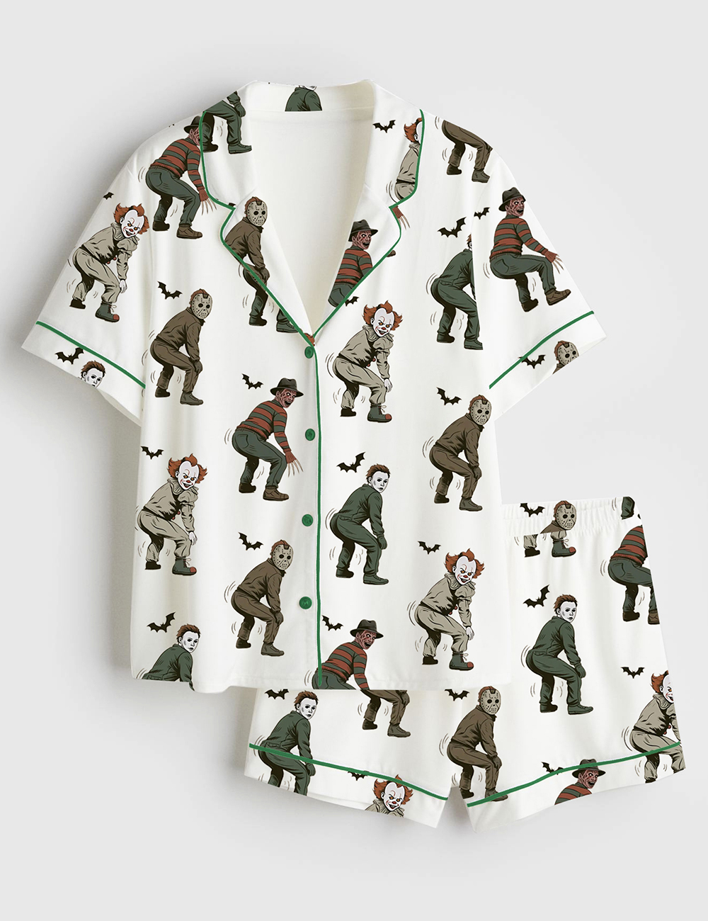 Womenâ€™s Halloween Twerk Or Treat Horror Characters Dancing Killer Short Sleeve Satin Pajama Set