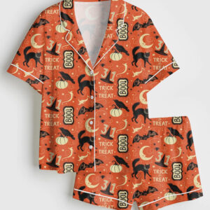 Womenâ€™s Halloween Vintage Halloween Trick Or Treat Boo Black Cat Pumpkin Bat Short Sleeve Satin Pajama Set