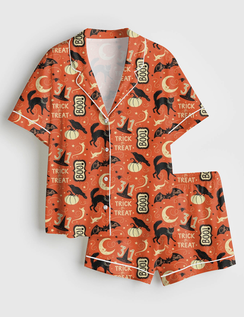 Womenâ€™s Halloween Vintage Halloween Trick Or Treat Boo Black Cat Pumpkin Bat Short Sleeve Satin Pajama Set