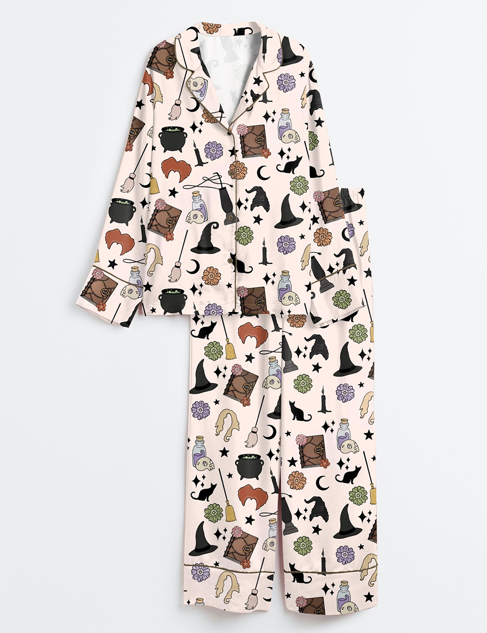 Womenâ€™s Halloween Witches Black Cat Long Sleeve Satin Pajama Set