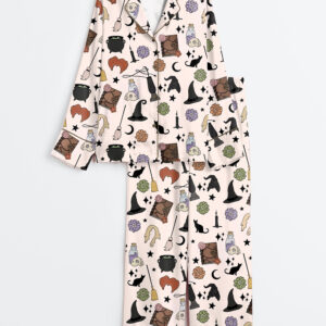 Women's Halloween Witches Black Cat Long Sleeve Satin Pajamas Set