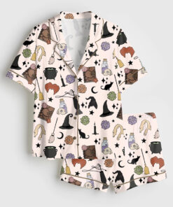 Women's Halloween Witches Black Cat Short Sleeve Satin Pajama Set