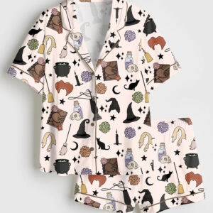Womenâ€™s Halloween Witches Black Cat Short Sleeve Satin Pajama Set