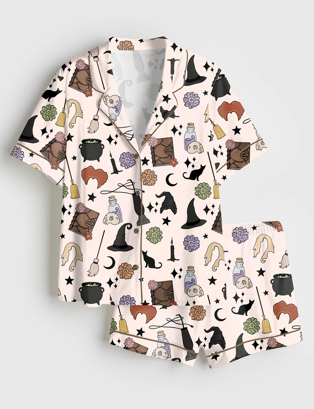 Womenâ€™s Halloween Witches Black Cat Short Sleeve Satin Pajama Set