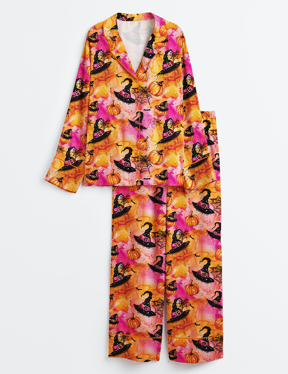 Womenâ€™s Halloween Witchy Pumpkin Long Sleeve Satin Pajama Set