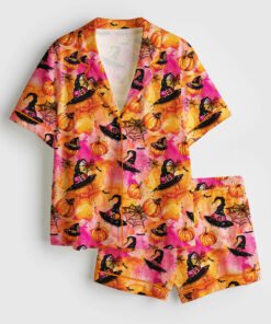 Women's Halloween Witchy Pumpkin Short Sleeve Satin Pajama Set