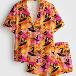 Womenâ€™s Halloween Witchy Pumpkin Short Sleeve Satin Pajama Set