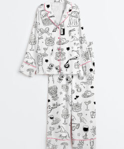 Women's Hand Drawn Bachelorette Whimsical Girls Night Bach Party Print Long Sleeve Satin Pajama Set