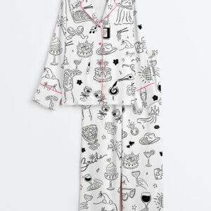 Womenâ€™s Hand Drawn Bachelorette Whimsical Girls Night Bach Party Print Long Sleeve Satin Pajama Set