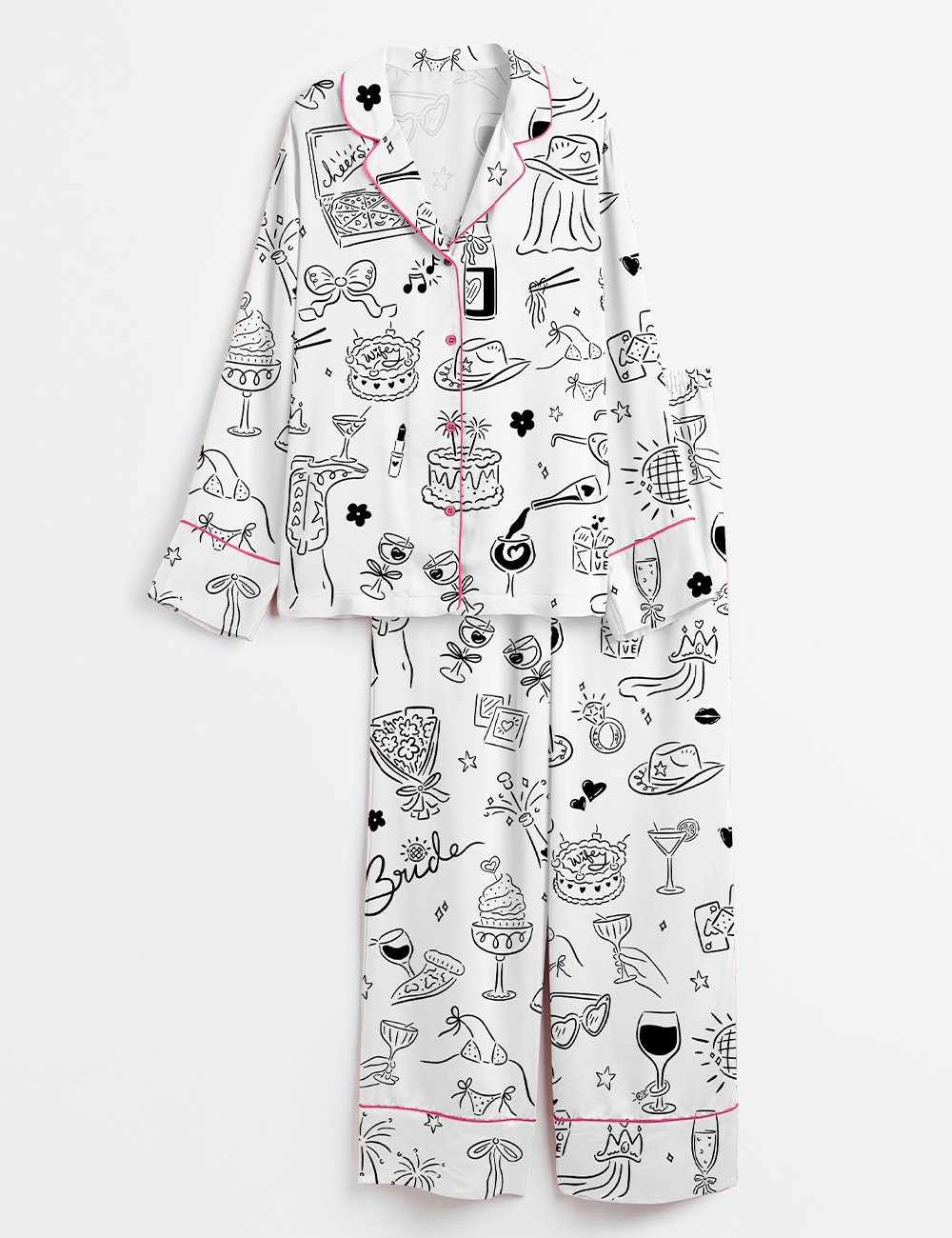 Women's Hand Drawn Bachelorette Whimsical Girls Night Bach Party Print Long Sleeve Satin Pajama Set