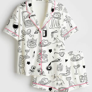 Womenâ€™s Hand Drawn Bachelorette Whimsical Girls Night Bach Party Print Short Sleeve Satin Pajama Set