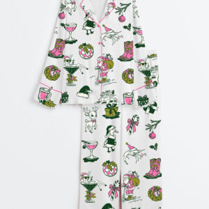 Women's Hand Drawn Christmas Western Holly Jolly Holiday Cocktail Long Sleeve Satin Pajamas Set