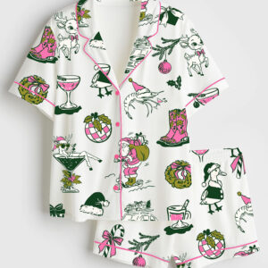 Womenâ€™s Hand Drawn Christmas Western Holly Jolly Holiday Cocktail Short Sleeve Satin Pajama Set