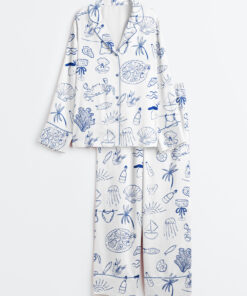 Women's Hand Drawn Coastal Icon Summer Line Art Dolce Vita Amalfi Coast Print Long Sleeve Satin Pajama Set