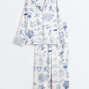 Womenâ€™s Hand Drawn Coastal Icon Summer Line Art Dolce Vita Amalfi Coast Print Long Sleeve Satin Pajama Set