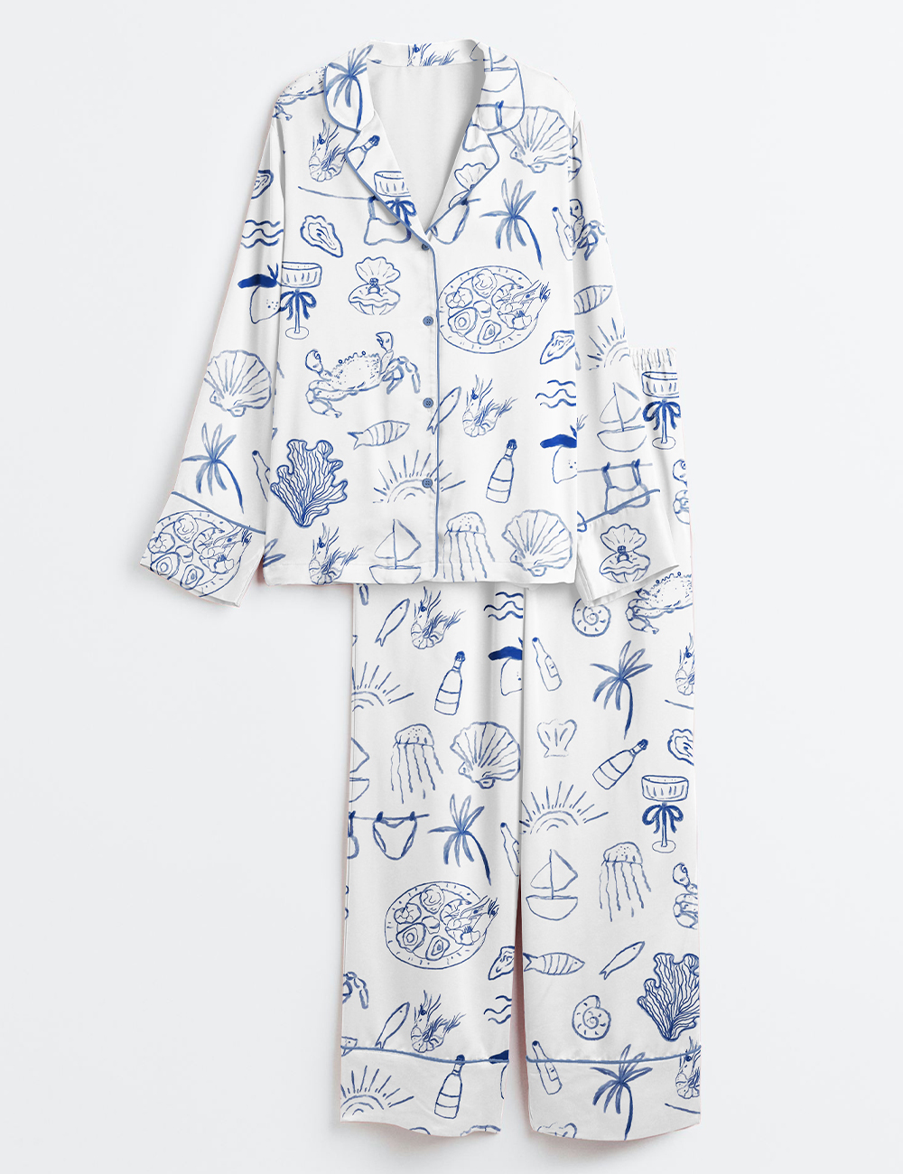 Womenâ€™s Hand Drawn Coastal Icon Summer Line Art Dolce Vita Amalfi Coast Print Long Sleeve Satin Pajama Set